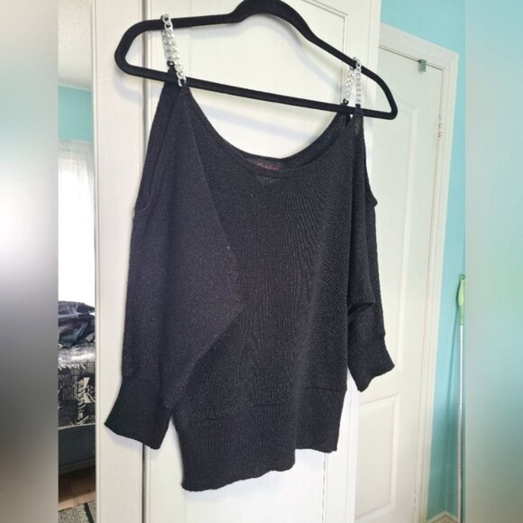 Festive Holiday Party Black Glitter Knit Cold Shoulder Silver Chain Strap Top - Picture 2 of 11